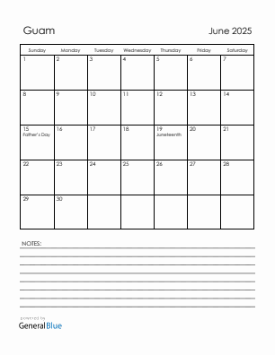 Current month calendar with Guam holidays for June 2025