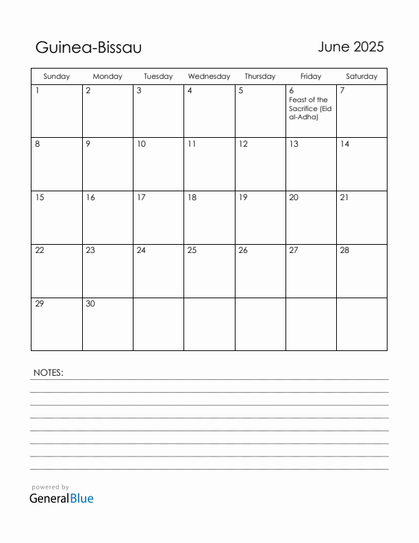 June 2025 Guinea-Bissau Calendar with Holidays (Sunday Start)