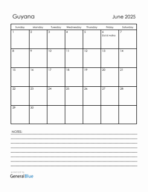Current month calendar with Guyana holidays for June 2025