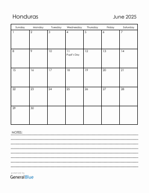 Current month calendar with Honduras holidays for June 2025