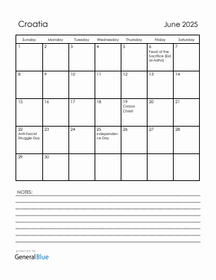 Current month calendar with Croatia holidays for June 2025