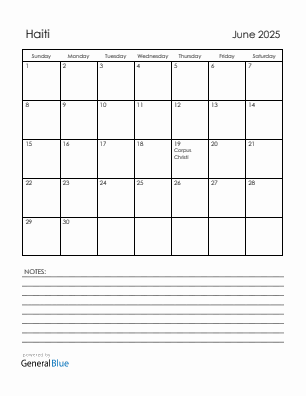 Current month calendar with Haiti holidays for June 2025