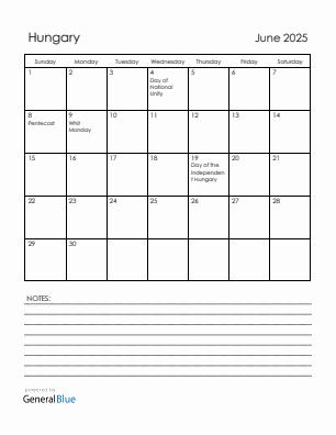 Current month calendar with Hungary holidays for June 2025