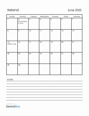 Current month calendar with Ireland holidays for June 2025