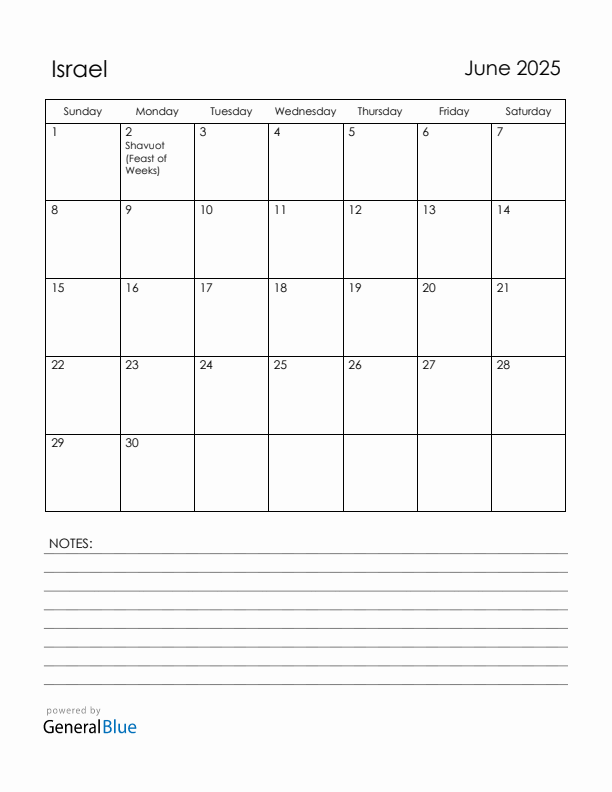 June 2025 Israel Calendar with Holidays (Sunday Start)