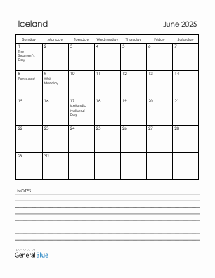 Current month calendar with Iceland holidays for June 2025