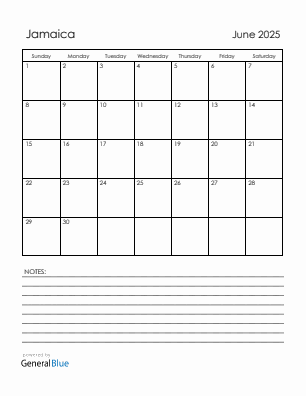 Current month calendar with Jamaica holidays for June 2025