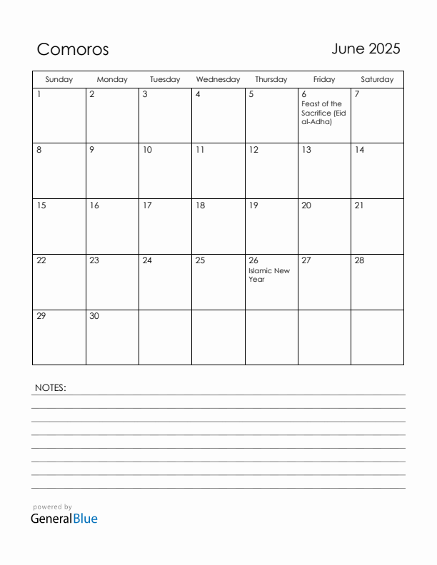 June 2025 Comoros Calendar with Holidays (Sunday Start)