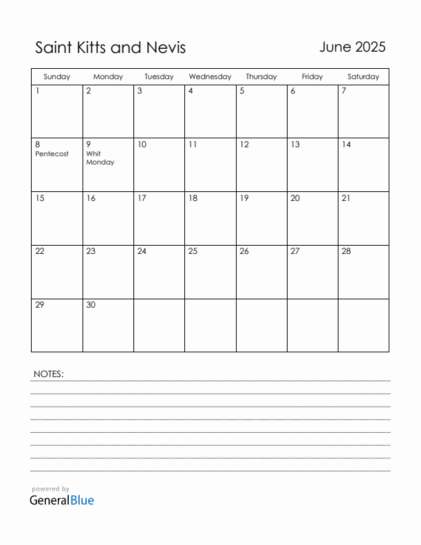 June 2025 Saint Kitts and Nevis Calendar with Holidays (Sunday Start)