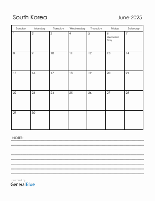 Current month calendar with South Korea holidays for June 2025