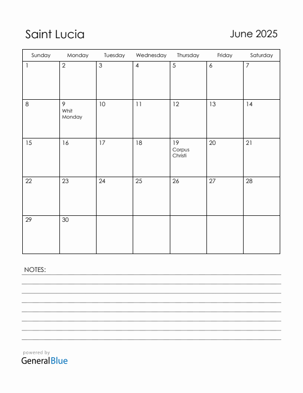 June 2025 Saint Lucia Calendar with Holidays (Sunday Start)