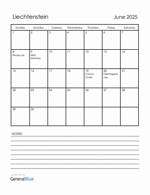 Current month calendar with Liechtenstein holidays for June 2025