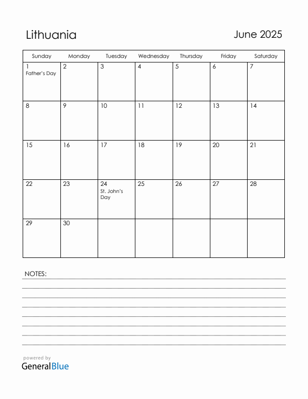 June 2025 Lithuania Calendar with Holidays (Sunday Start)