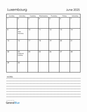 Current month calendar with Luxembourg holidays for June 2025