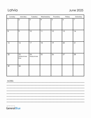 Current month calendar with Latvia holidays for June 2025