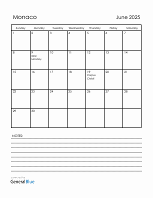 Current month calendar with Monaco holidays for June 2025