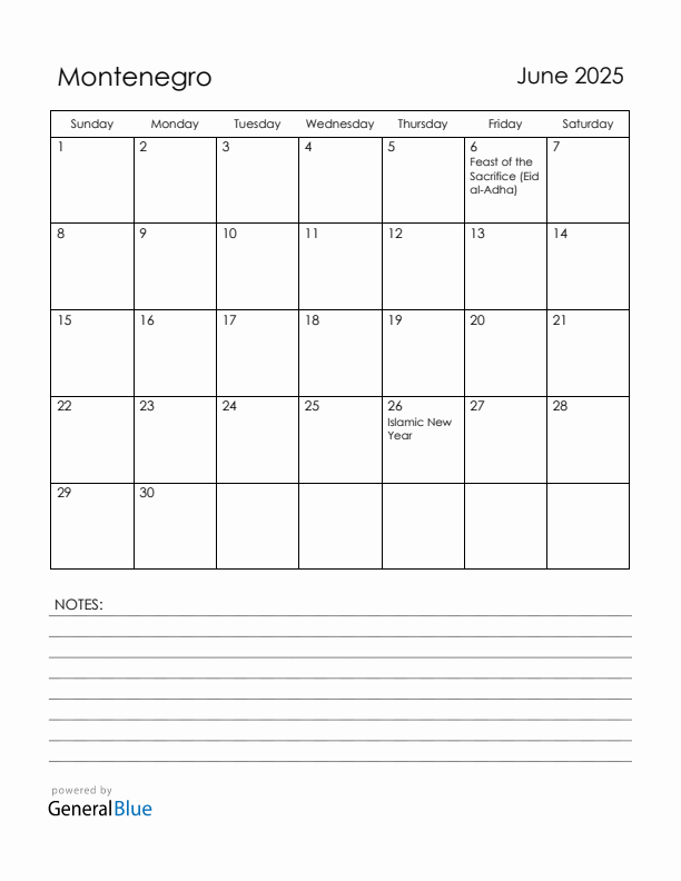 June 2025 Montenegro Calendar with Holidays (Sunday Start)