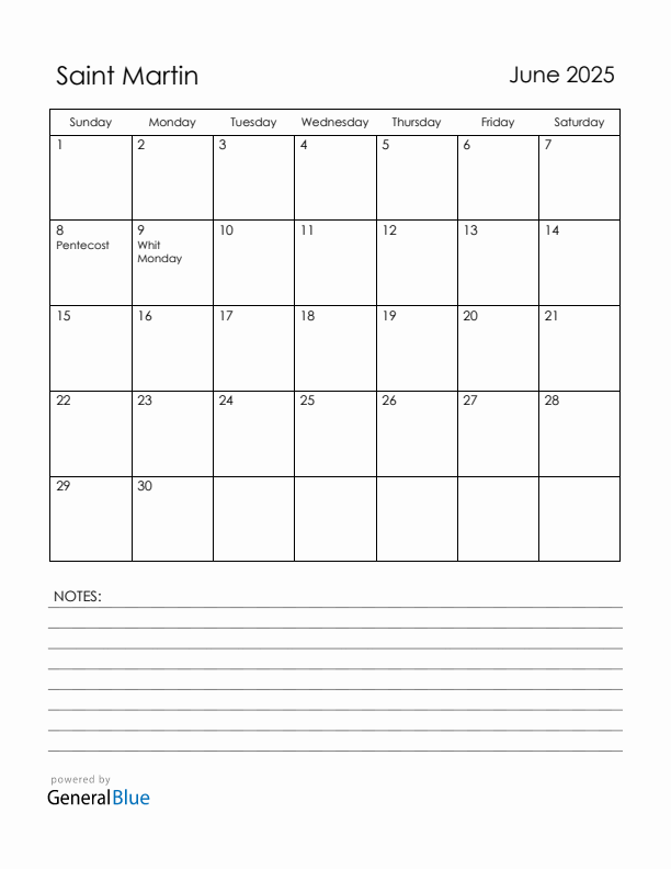 June 2025 Saint Martin Calendar with Holidays (Sunday Start)