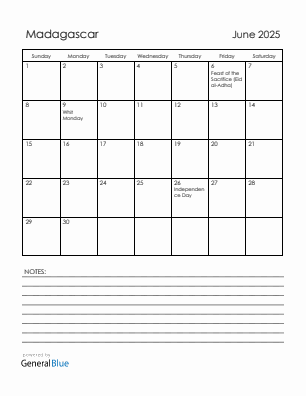Current month calendar with Madagascar holidays for June 2025