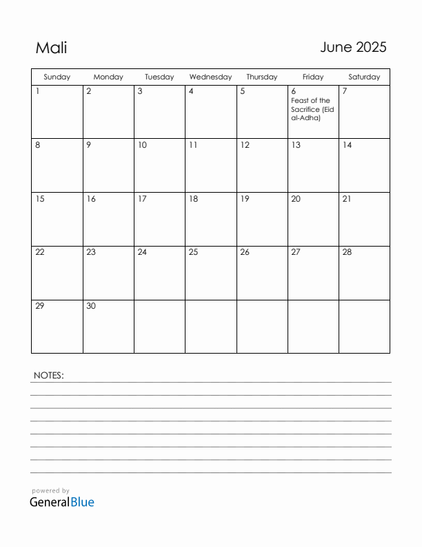 June 2025 Mali Calendar with Holidays (Sunday Start)