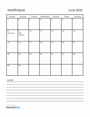 Current month calendar with Martinique holidays for June 2025
