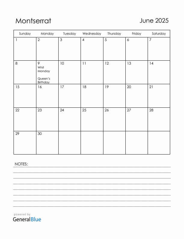 June 2025 Montserrat Calendar with Holidays (Sunday Start)