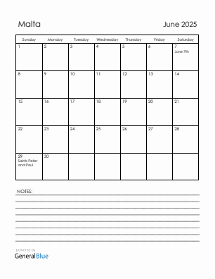 Current month calendar with Malta holidays for June 2025