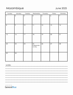 Current month calendar with Mozambique holidays for June 2025