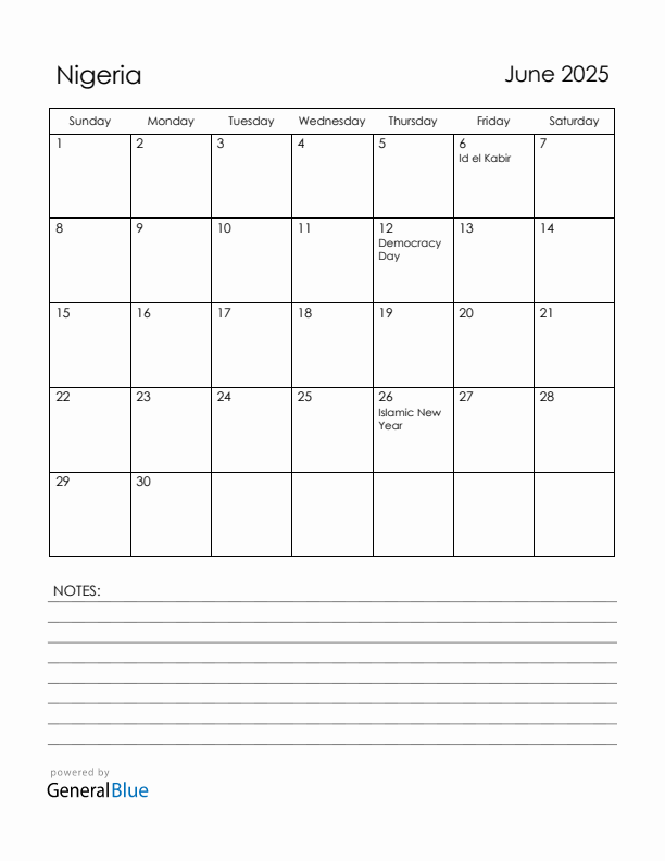 June 2025 Nigeria Calendar with Holidays (Sunday Start)