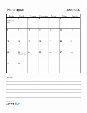 Current month calendar with Nicaragua holidays for June 2025