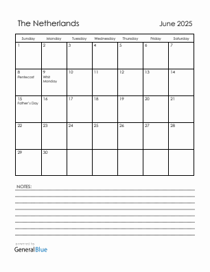 Current month calendar with The Netherlands holidays for June 2025