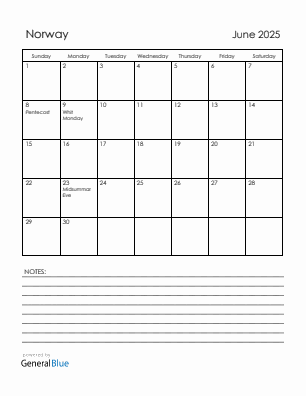Current month calendar with Norway holidays for June 2025