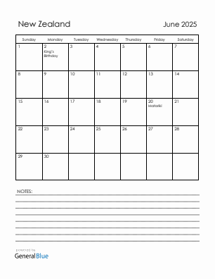 Current month calendar with New Zealand holidays for June 2025