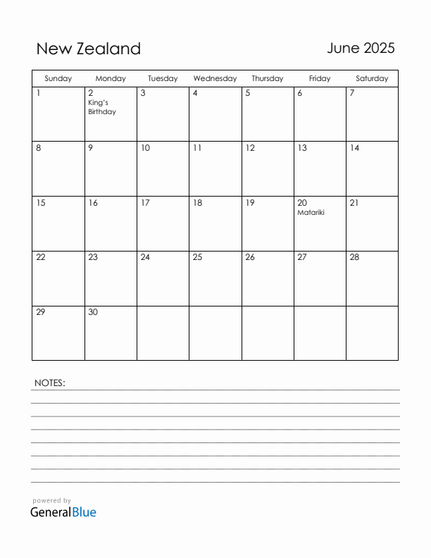 June 2025 New Zealand Calendar with Holidays (Sunday Start)