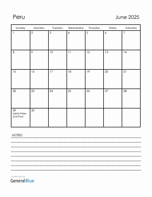 Current month calendar with Peru holidays for June 2025