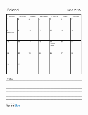Current month calendar with Poland holidays for June 2025