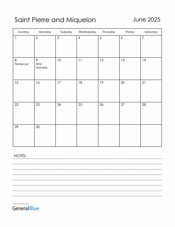 June 2025 Saint Pierre and Miquelon Calendar with Holidays (Sunday Start)