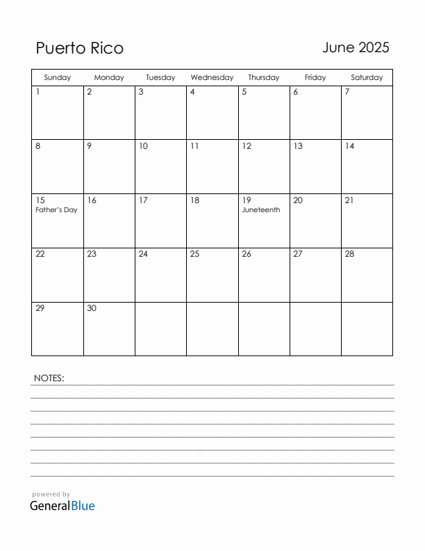 June 2025 Puerto Rico Calendar with Holidays (Sunday Start)