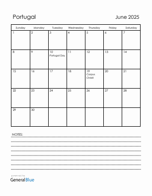 Current month calendar with Portugal holidays for June 2025