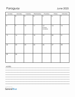 Current month calendar with Paraguay holidays for June 2025