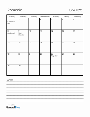 Current month calendar with Romania holidays for June 2025