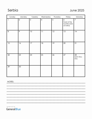 Current month calendar with Serbia holidays for June 2025