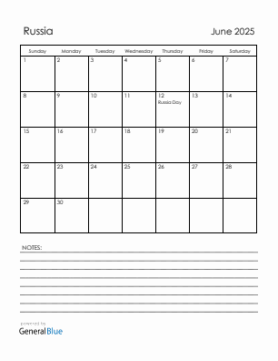 Current month calendar with Russia holidays for June 2025