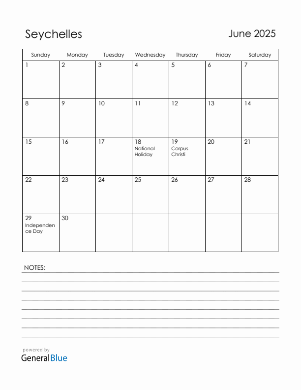 June 2025 Seychelles Calendar with Holidays (Sunday Start)