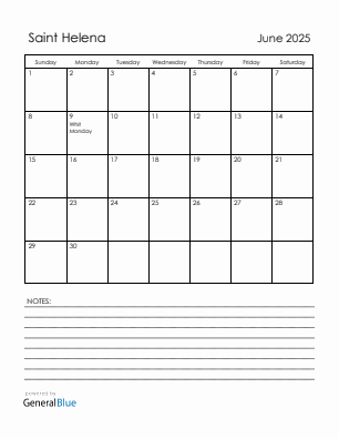 Current month calendar with Saint Helena holidays for June 2025