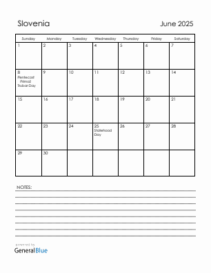 Current month calendar with Slovenia holidays for June 2025