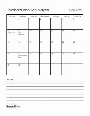 Current month calendar with Svalbard and Jan Mayen holidays for June 2025