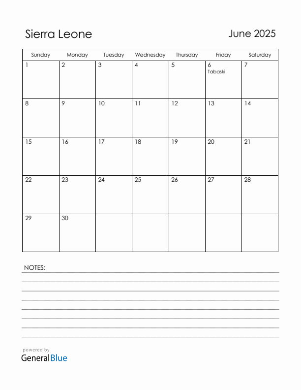 June 2025 Sierra Leone Calendar with Holidays (Sunday Start)