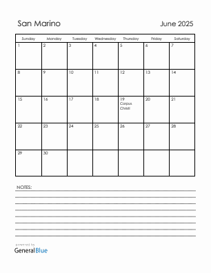 Current month calendar with San Marino holidays for June 2025