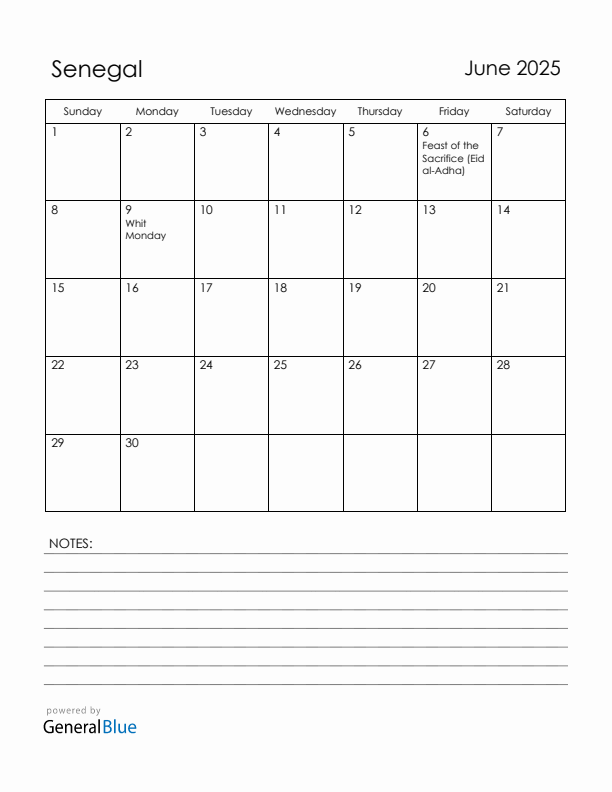 June 2025 Senegal Calendar with Holidays (Sunday Start)
